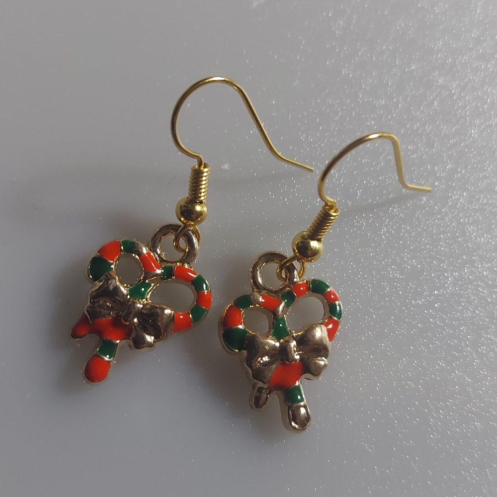 Gold Red Green Enamel Candy Cane Earrings